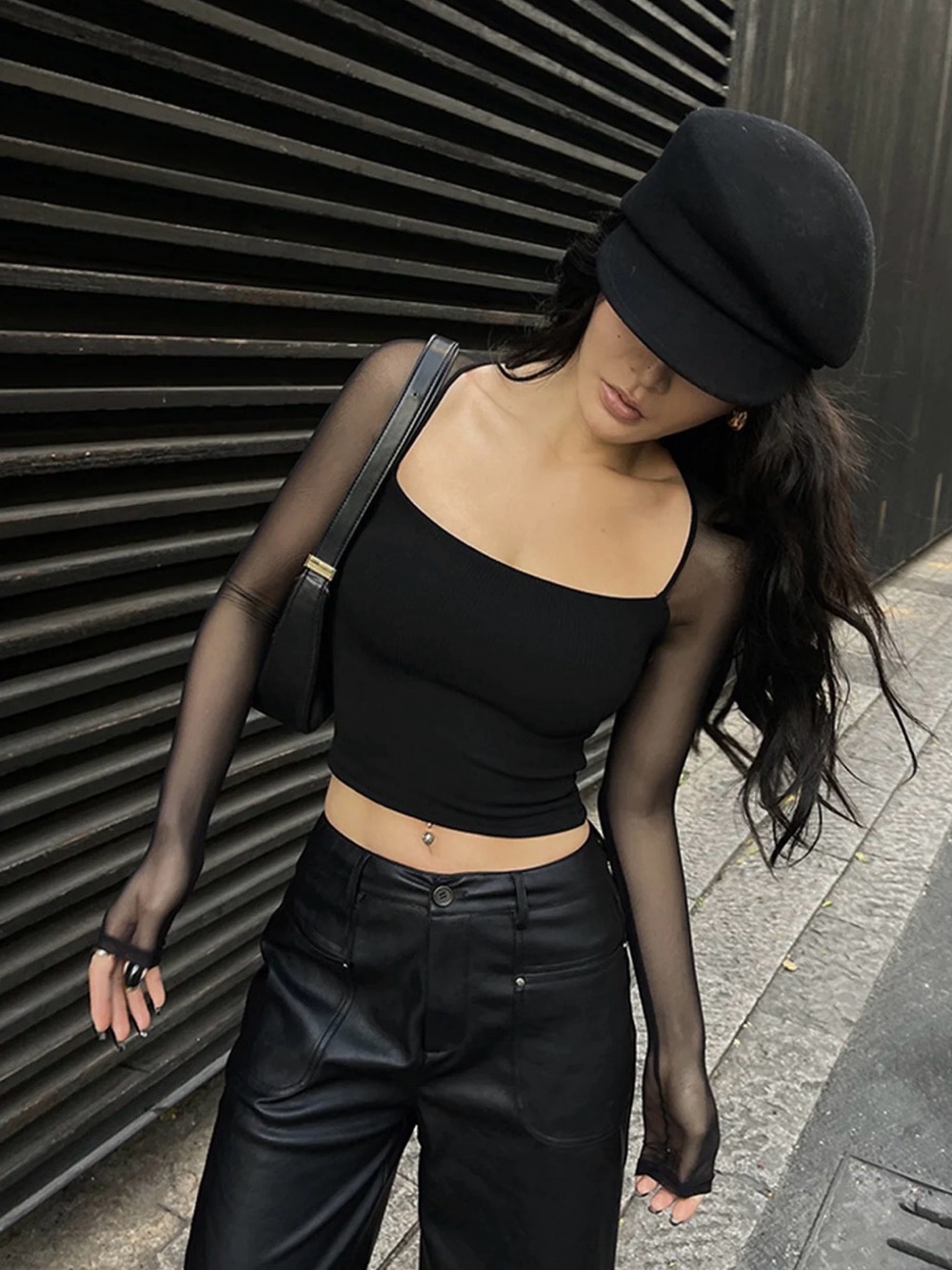 NWOT Commense Black Mesh-Sleeve Square Neck Crop Top